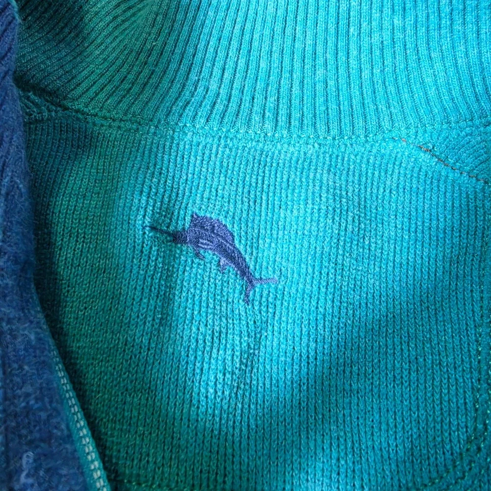 Tommy Bahama Men Quarter Zip Pullover Sweater Teal Contrast Stitch XL Reversible